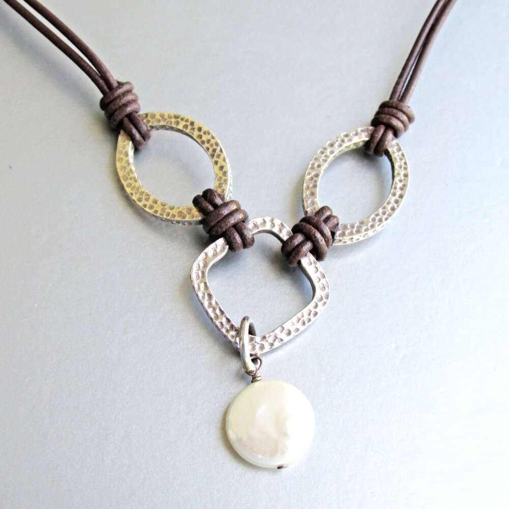 Signed Retired SILPADA Hammered Sterling Silver & Pearl Cord Necklace N1257